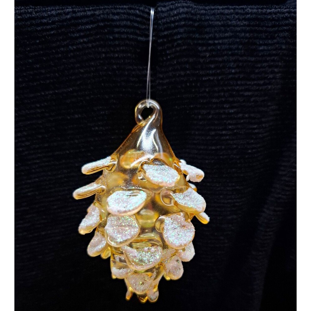 Vtg Blown Glass Pine Cone Christmas Ornament Amber Gold Glitter 3.5" Holiday